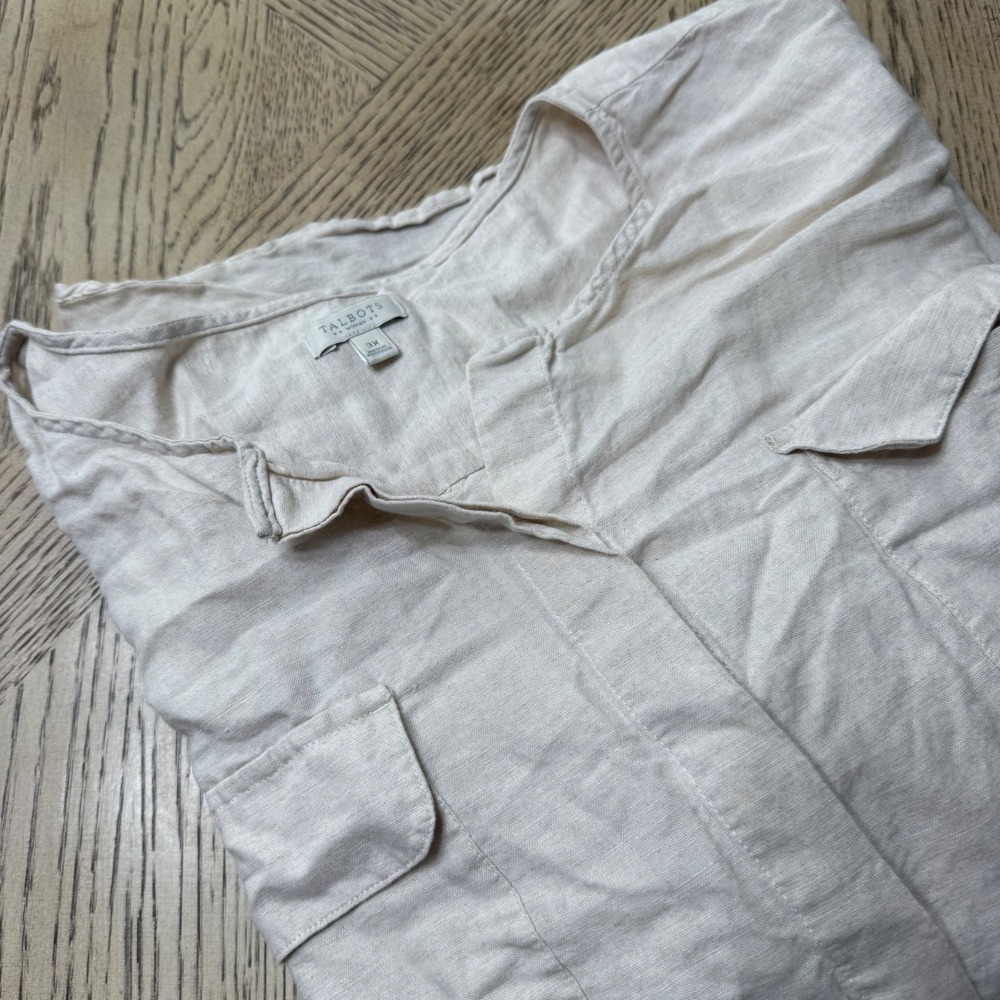 Talbots Woman 3X Tan Roll Tab Sleeve Linen Cotton Blend Button Front Shirt Top